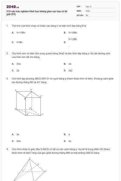 210 câu trắc nghiệm Hình học không gian cực hay có lời giải (P3)