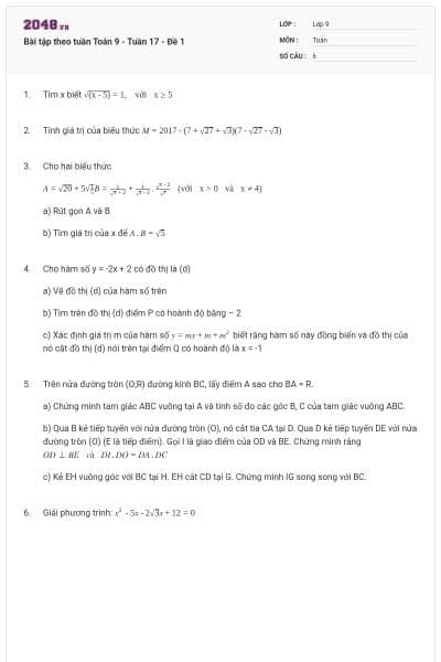 Bài tập theo tuần Toán 9 - Tuần 17 - Đề 1