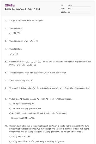 Bài tập theo tuần Toán 9 - Tuần 17 - Đề 2