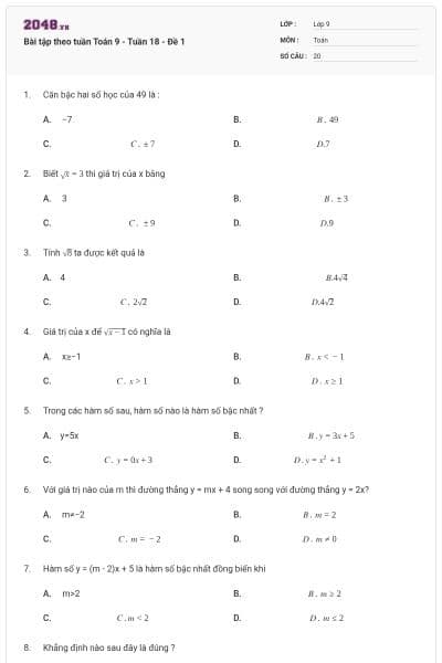 Bài tập theo tuần Toán 9 - Tuần 18 - Đề 1