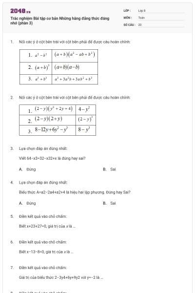 Trắc nghiệm Bài tập cơ bản Những hằng đẳng thức đáng nhớ (phần 3)