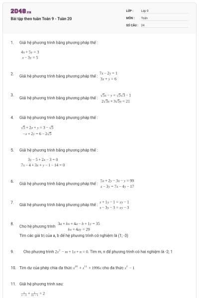 Bài tập theo tuần Toán 9 - Tuần 20