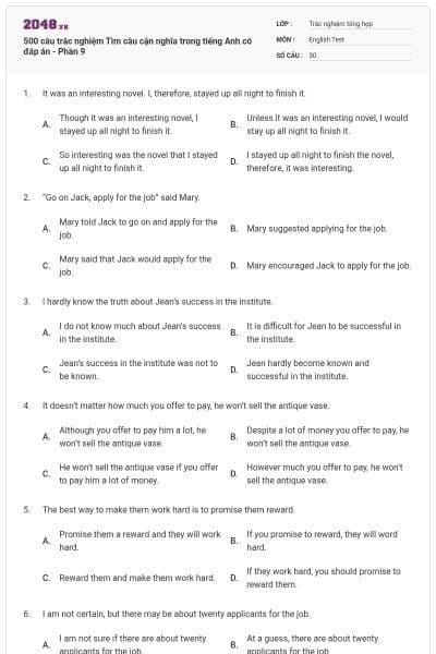 500 câu trắc nghiệm Tìm câu cận nghĩa trong tiếng Anh có đáp án - Phần 9