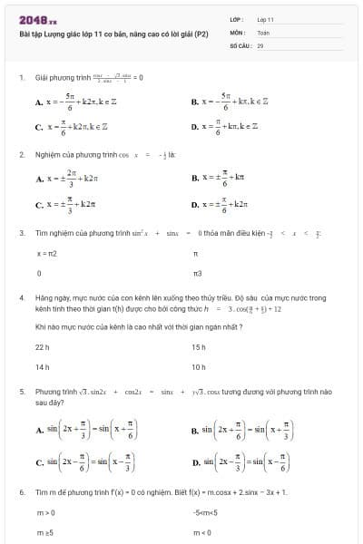 Bài tập Lượng giác lớp 11 cơ bản, nâng cao có lời giải (P2)