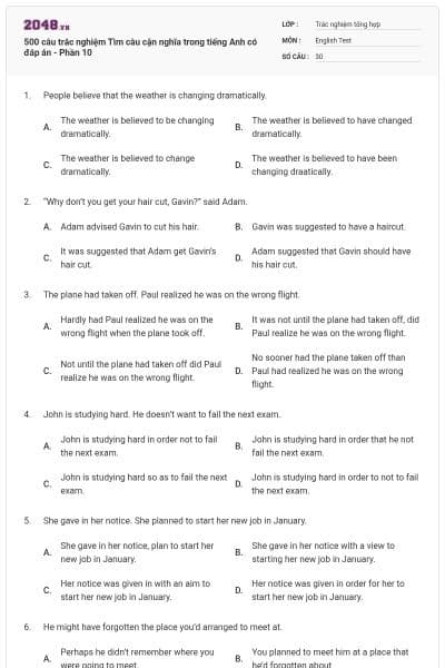 500 câu trắc nghiệm Tìm câu cận nghĩa trong tiếng Anh có đáp án - Phần 10