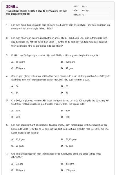 Trắc nghiệm chuyên đề Hóa 9 Chủ đề 5: Phản ứng lên men của glucozo có đáp án