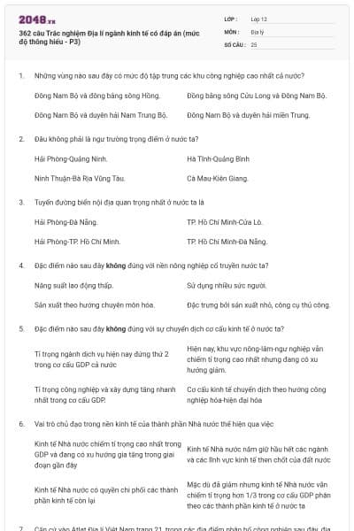362 câu Trắc nghiệm Địa lí ngành kinh tế có đáp án (mức độ thông hiểu - P3)