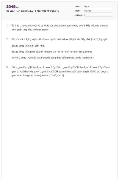 Đề kiểm tra 1 tiết Hóa học 9 CHUYÊN ĐỀ V (Đề 1)