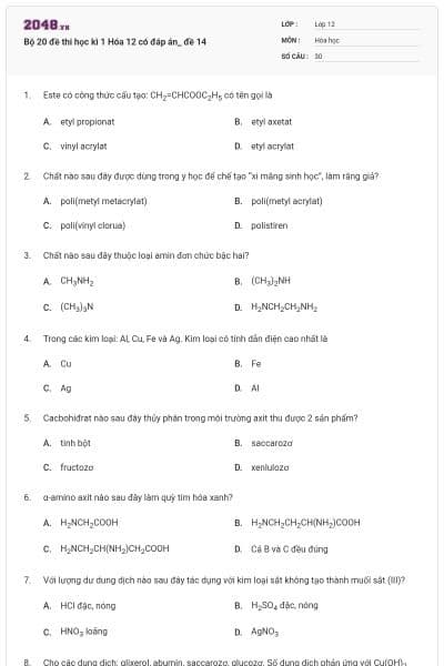Bộ 20 đề thi học kì 1 Hóa 12 có đáp án_ đề 14