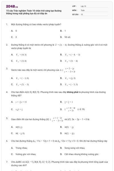 15 câu Trắc nghiệm Toán 10 chân trời sáng tạo Đường thẳng trong mặt phẳng tọa độ có đáp án