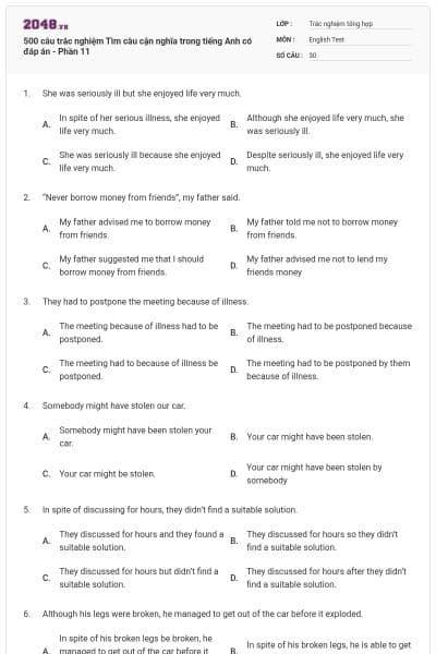 500 câu trắc nghiệm Tìm câu cận nghĩa trong tiếng Anh có đáp án - Phần 11