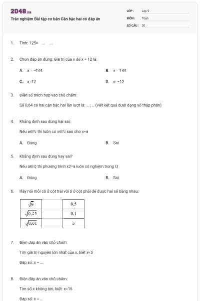 Trắc nghiệm Bài tập cơ bản Căn bậc hai có đáp án