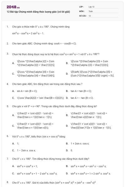 12 Bài tập Chứng minh đẳng thức lượng giác (có lời giải)