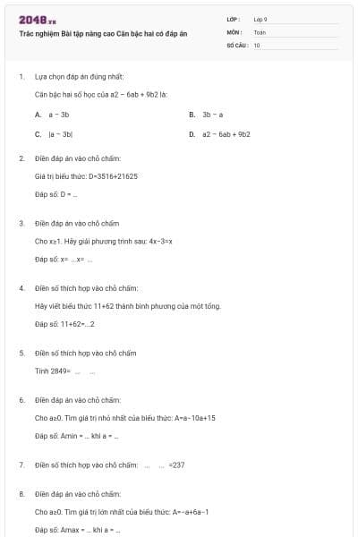 Trắc nghiệm Bài tập nâng cao Căn bậc hai có đáp án