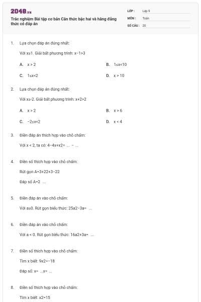 Trắc nghiệm Bài tập cơ bản Căn thức bậc hai và hằng đẳng thức có đáp án