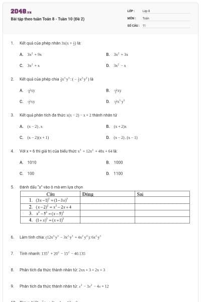 Bài tập theo tuần Toán 8 - Tuần 10 (Đề 2)
