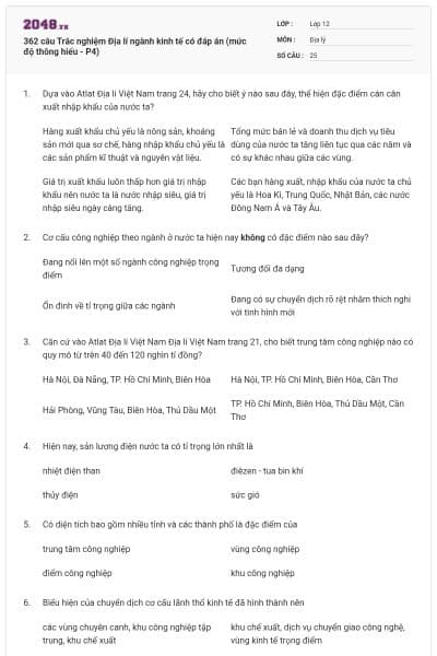 362 câu Trắc nghiệm Địa lí ngành kinh tế có đáp án (mức độ thông hiểu - P4)