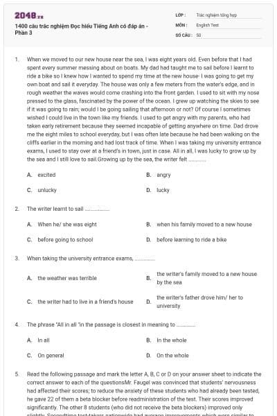 1400 câu trắc nghiệm Đọc hiểu Tiếng Anh có đáp án - Phần 3