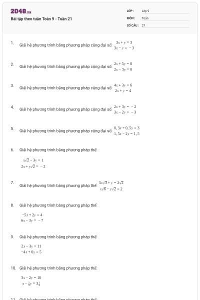 Bài tập theo tuần Toán 9 - Tuần 21