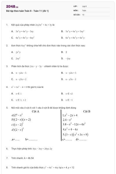 Bài tập theo tuần Toán 8 - Tuần 11 (đề 1)