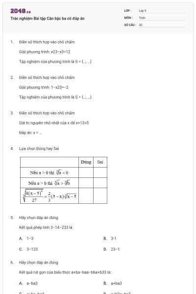 Trắc nghiệm Bài tập Căn bậc ba có đáp án