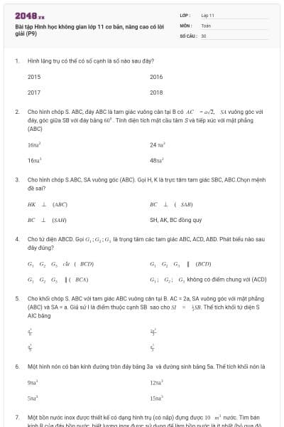 Bài tập Hình học không gian lớp 11 cơ bản, nâng cao có lời giải (P9)