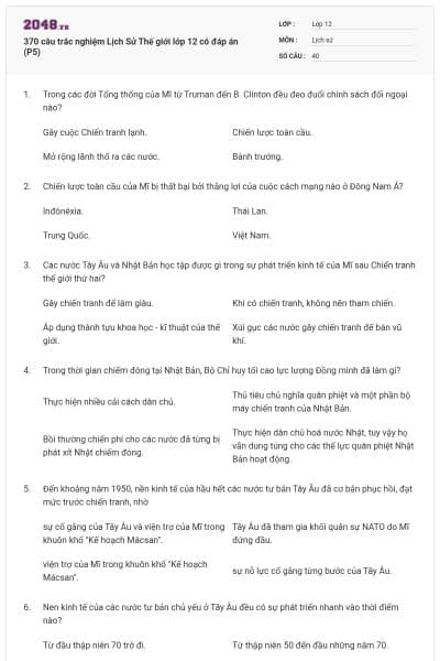 370 câu trắc nghiệm Lịch Sử Thế giới lớp 12 có đáp án (P5)