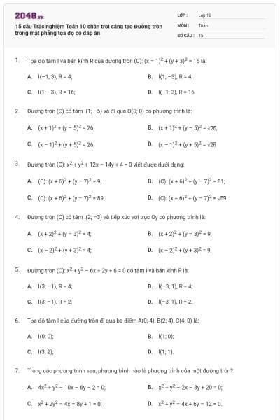 15 câu Trắc nghiệm Toán 10 chân trời sáng tạo Đường tròn trong mặt phẳng tọa độ có đáp án