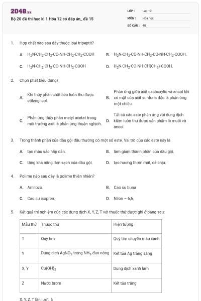 Bộ 20 đề thi học kì 1 Hóa 12 có đáp án_ đề 15