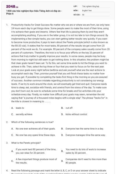 1400 câu trắc nghiệm Đọc hiểu Tiếng Anh có đáp án - Phần 6