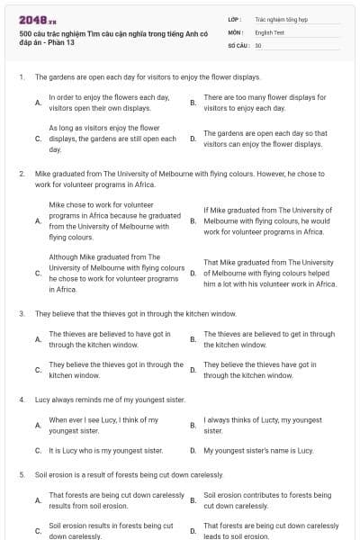 500 câu trắc nghiệm Tìm câu cận nghĩa trong tiếng Anh có đáp án - Phần 13