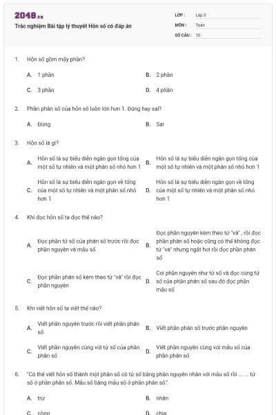 Trắc nghiệm Bài tập lý thuyết Hỗn số có đáp án