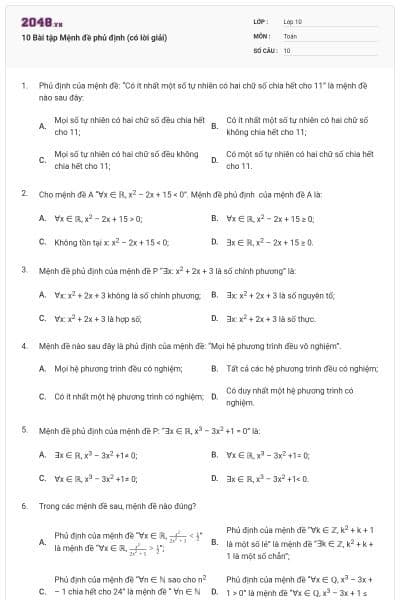 10 Bài tập Mệnh đề phủ định (có lời giải)