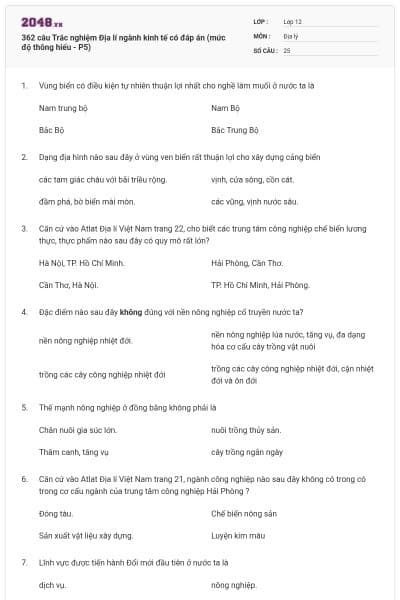 362 câu Trắc nghiệm Địa lí ngành kinh tế có đáp án (mức độ thông hiểu - P5)