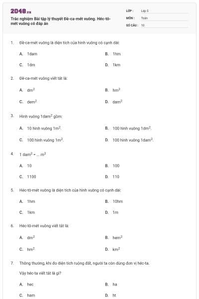 Trắc nghiệm Bài tập lý thuyết Đề-ca-mét vuông. Héc-tô-mét vuông có đáp án