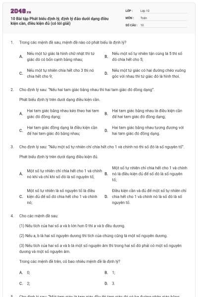 10 Bài tập Phát biểu định lý, định lý đảo dưới dạng điều kiện cần, điều kiện đủ (có lời giải)
