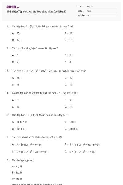 10 Bài tập Tập con. Hai tập hợp bằng nhau (có lời giải)