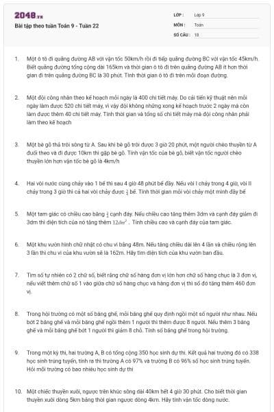 Bài tập theo tuần Toán 9 - Tuần 22