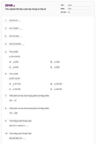 Trắc nghiệm Bài tập Luyện tập chung có đáp án