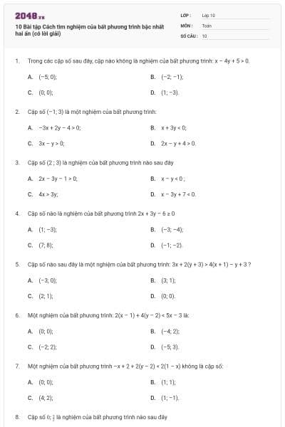 10 Bài tập Cách tìm nghiệm của bất phương trình bậc nhất hai ẩn (có lời giải)