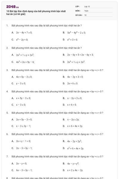 10 Bài tập Xác định dạng của bất phương trình bậc nhất hai ẩn (có lời giải)