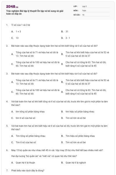 Trắc nghiệm Bài tập lý thuyết Ôn tập và bổ sung về giải toán có đáp án