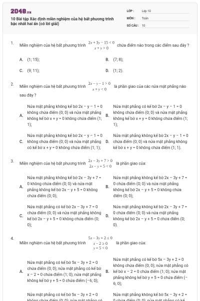 10 Bài tập Xác định miền nghiệm của hệ bất phương trình bậc nhất hai ẩn (có lời giải)
