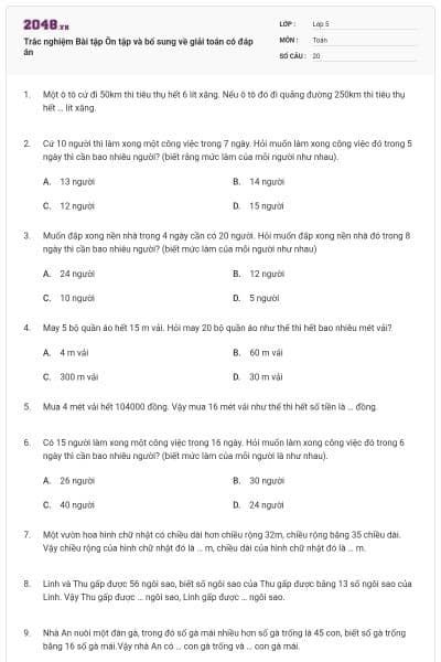 Trắc nghiệm Bài tập Ôn tập và bổ sung về giải toán có đáp án