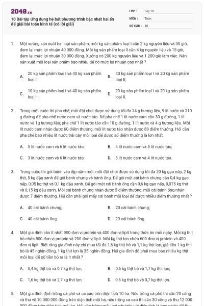 10 Bài tập Ứng dụng hệ bất phương trình bậc nhất hai ẩn để giải bài toán kinh tế (có lời giải)