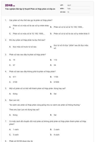 Trắc nghiệm Bài tập lý thuyết Phân số thập phân có đáp án