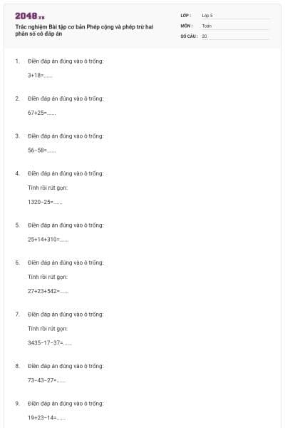 Trắc nghiệm Bài tập cơ bản Phép cộng và phép trừ hai phân số có đáp án