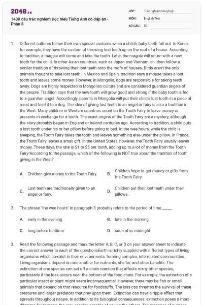1400 câu trắc nghiệm Đọc hiểu Tiếng Anh có đáp án - Phần 8
