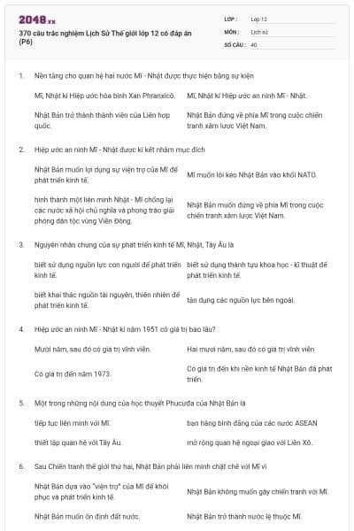 370 câu trắc nghiệm Lịch Sử Thế giới lớp 12 có đáp án (P6)