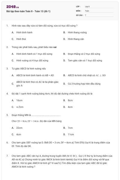 Bài tập theo tuần Toán 8 - Tuần 13 (đề 1)